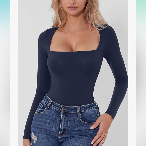 Qinsen Square Neck Thong Long Sleeve Bodysuit Navy Blue Women’s Size Medium - Picture 3 of 14